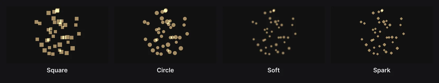 Particles up close in each shape: Square, Circle, Soft and Spark