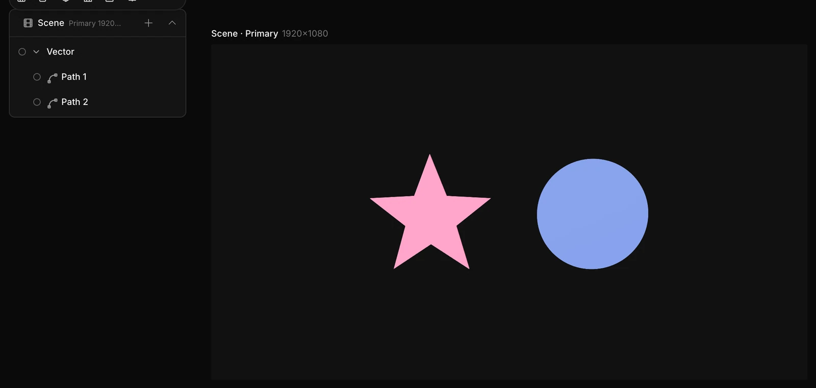 A pasted SVG: a pink star and a blue circle on the canvas, and a Vector group holding Path 1 and Path 2 in the Layers panel