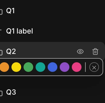 The label color picker open on a row: eight colors and a clear button