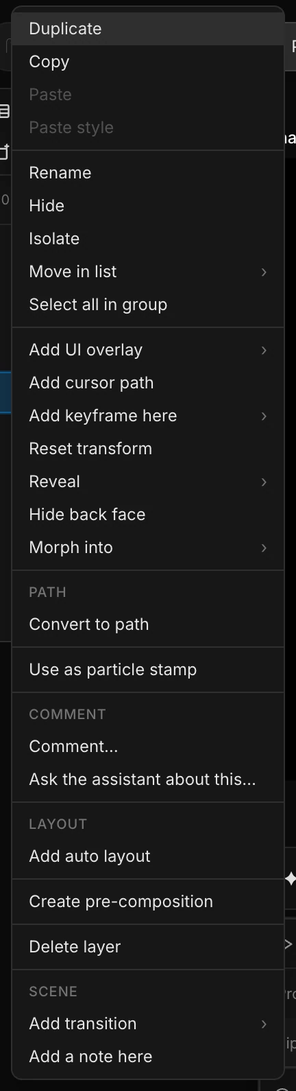 A layer's right-click menu, from Duplicate and Copy down to Add transition and Add a note here