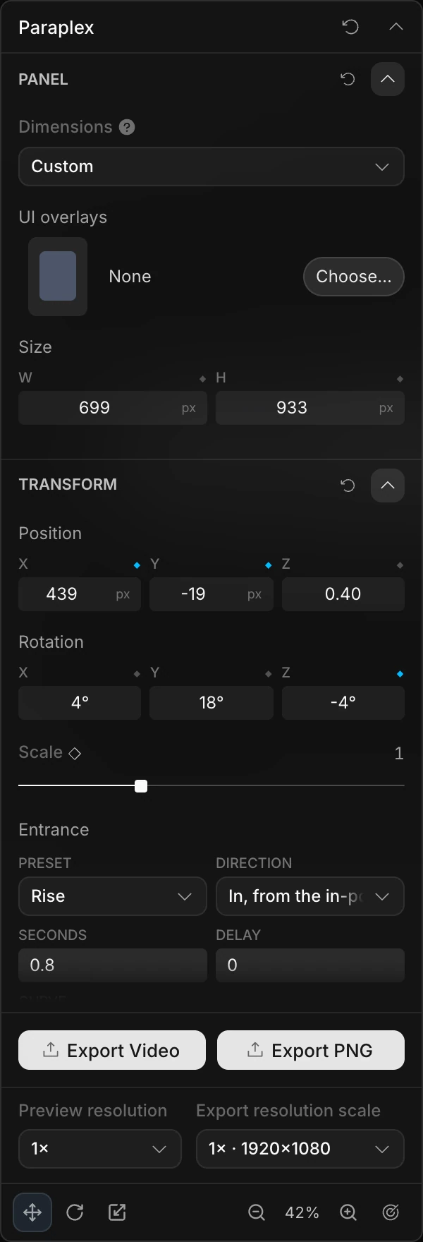 The properties panel showing the Panel and Transform sections for a selected card, with the export buttons below