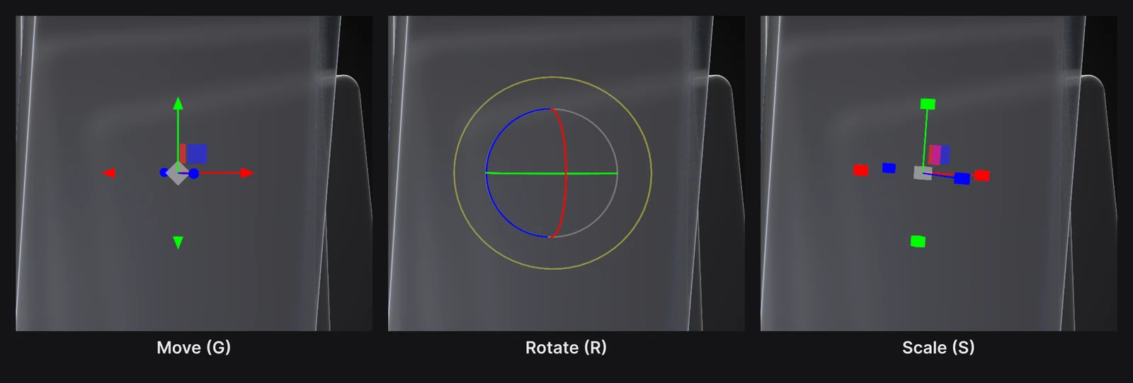 The three gizmos on a selected card: Move arrows, Rotate rings and Scale handles