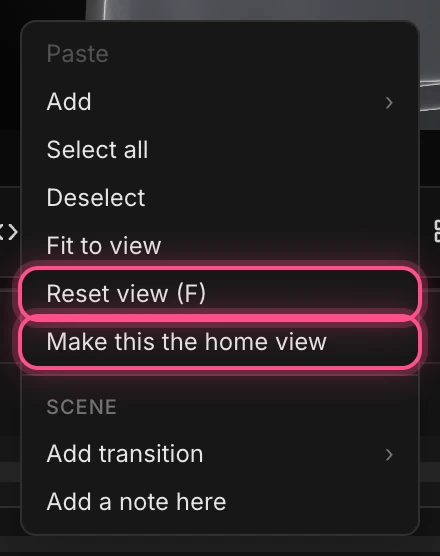 The canvas right-click menu, with Reset view and Make this the home view highlighted