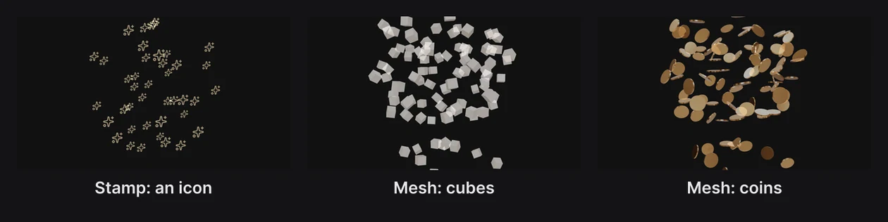 A cloud of little sparkle icons; a cloud of glossy cubes; and a cloud of tumbling coins
