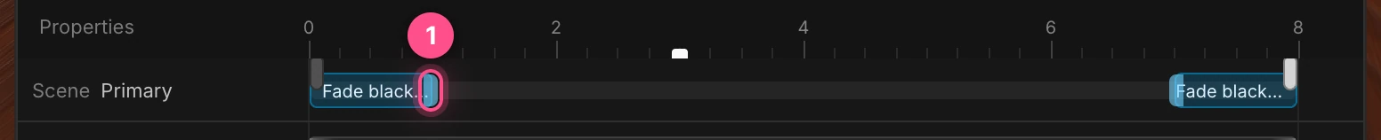 The Scene row with Fade black chips at the start and end, and the handle on the first chip's inner edge numbered