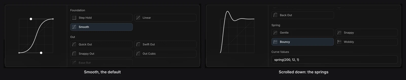 The easing popover: on the left, Smooth selected with its S-shaped curve; on the right, scrolled down to the Spring presets with Bouncy selected