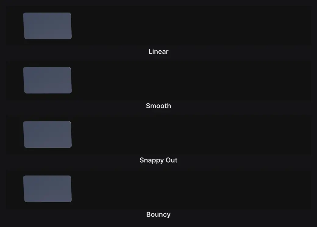 The same slide across the frame on four curves: Linear, Smooth, Snappy Out and Bouncy
