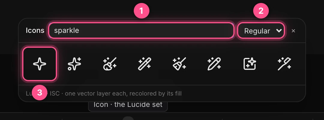 The Icons panel searching for sparkle, with the search field, the weight and the first icon numbered