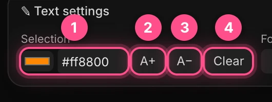 The Selection group: color, A+, A− and Clear, numbered