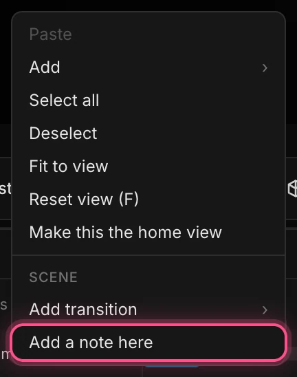The canvas right-click menu with Add a note here highlighted