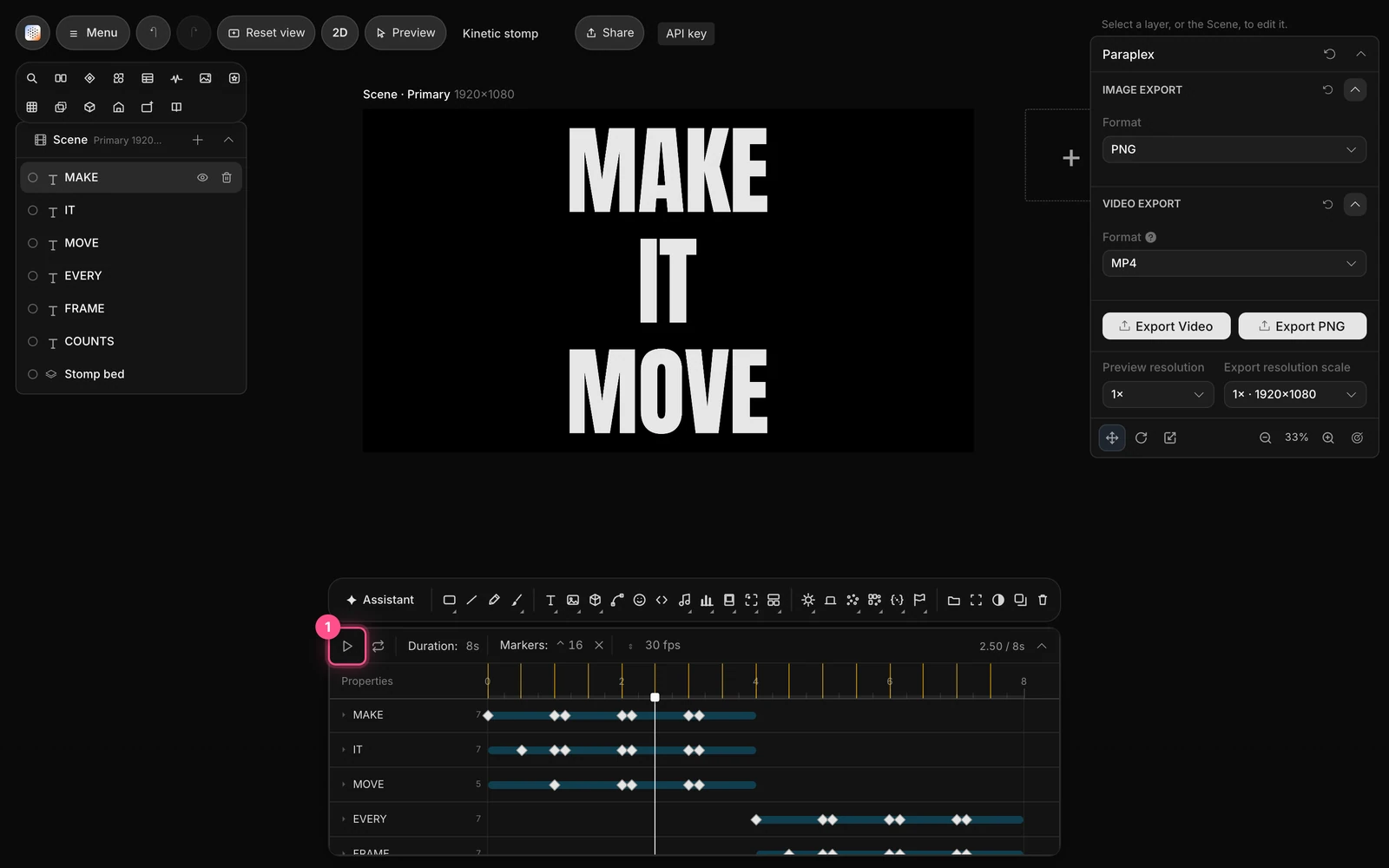 The editor with Kinetic stomp open and the timeline's play button highlighted