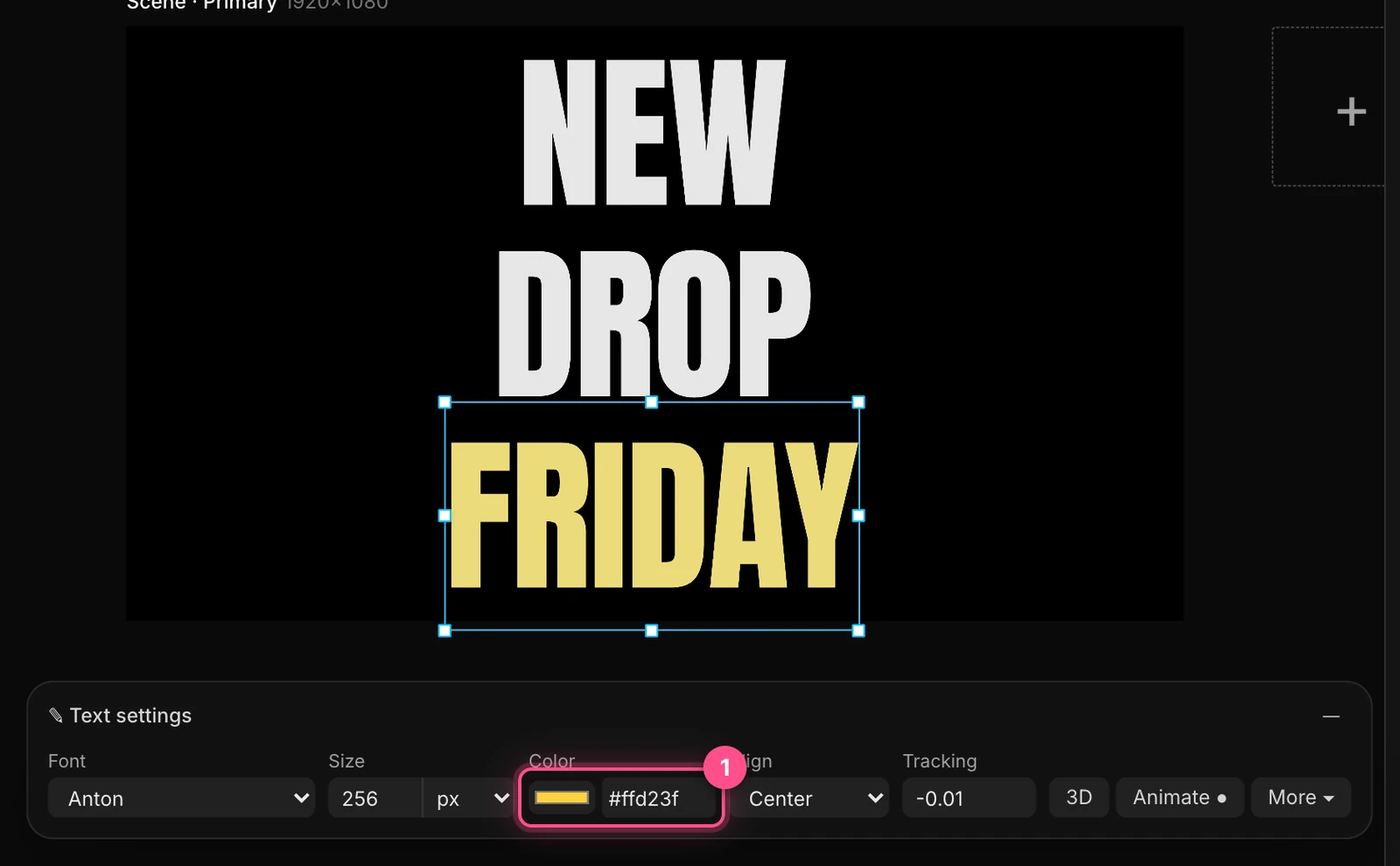Text settings with the color swatch and hex code highlighted; the word FRIDAY is now yellow