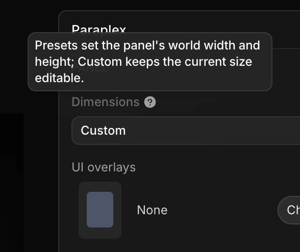 A help tip explaining the Dimensions setting