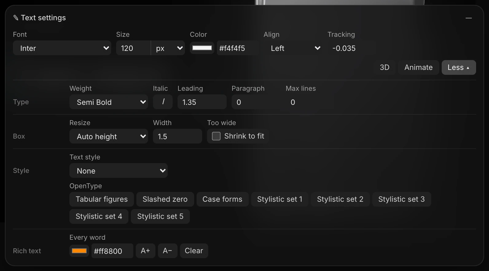 Text settings with More open: weight, leading, the text box, styles, OpenType features and rich text