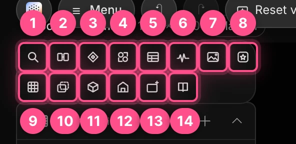 The quick-actions strip with its 14 buttons numbered