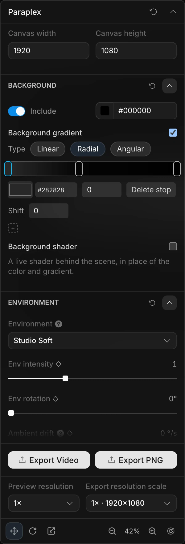 The properties panel with the Scene selected: Canvas width and height, then Background, Environment and the other scene sections