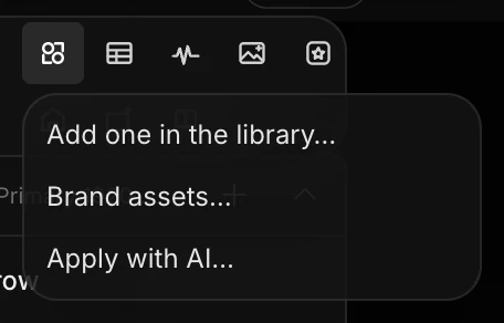 The Design systems menu: Add one in the library, Brand assets and Apply with AI