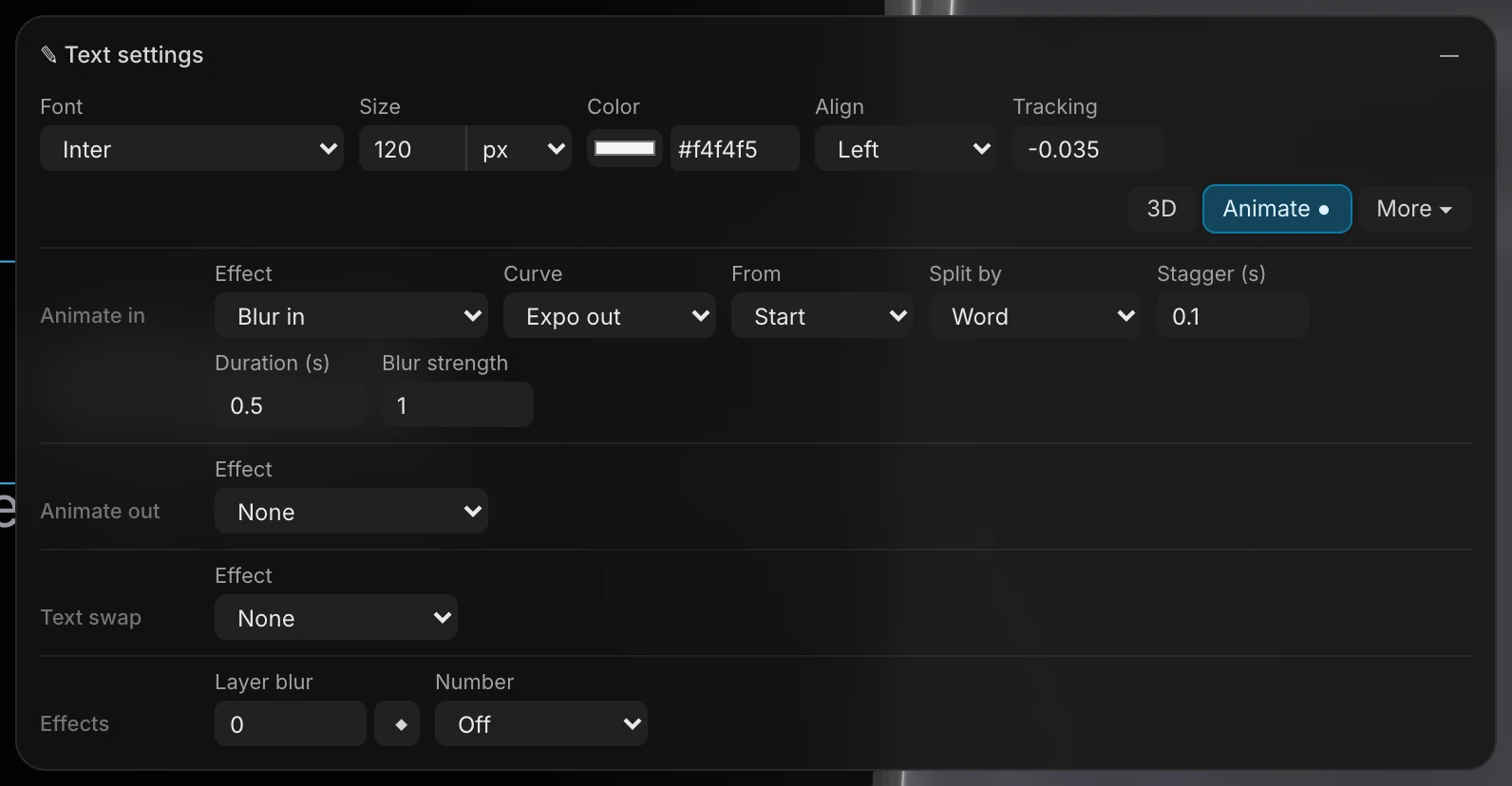 The Text settings panel with Animate open: the Animate in row set to Blur in, then the Animate out, Text swap and Effects rows