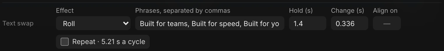 The Text swap row: Effect set to Roll, three phrases, Hold 1.4, Change, Align on and Repeat