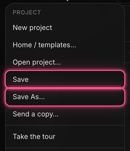 The Project part of the Menu, with Save and Save As highlighted