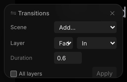 The Transitions panel, with a Scene row and a Layer row with kind, edge, duration and Apply