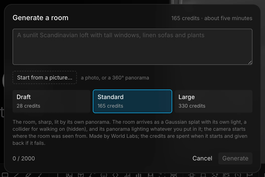 The Generate a room dialog: a description, Start from a picture, and Draft, Standard and Large sizes