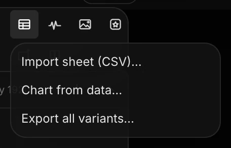 The Data variants menu: Import sheet (CSV), Chart from data and Export all variants