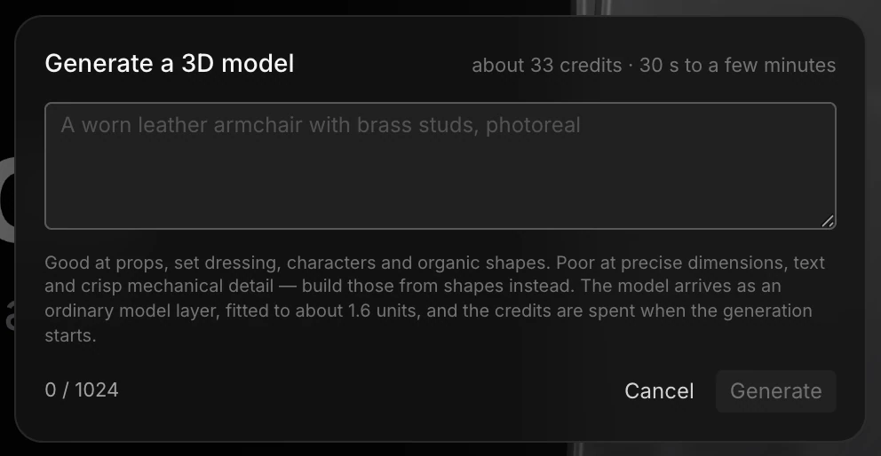The Generate a 3D model dialog with its description box