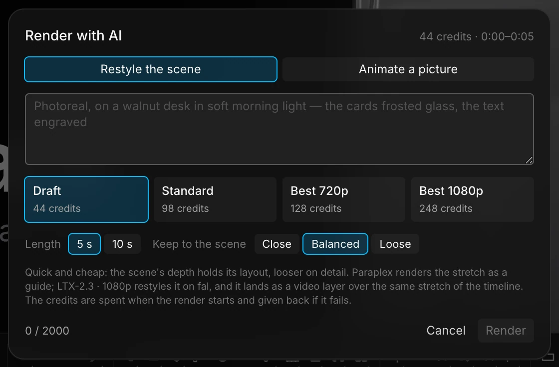 The Render with AI dialog: Restyle the scene and Animate a picture, a description, four quality levels, length, and how closely to keep to the scene