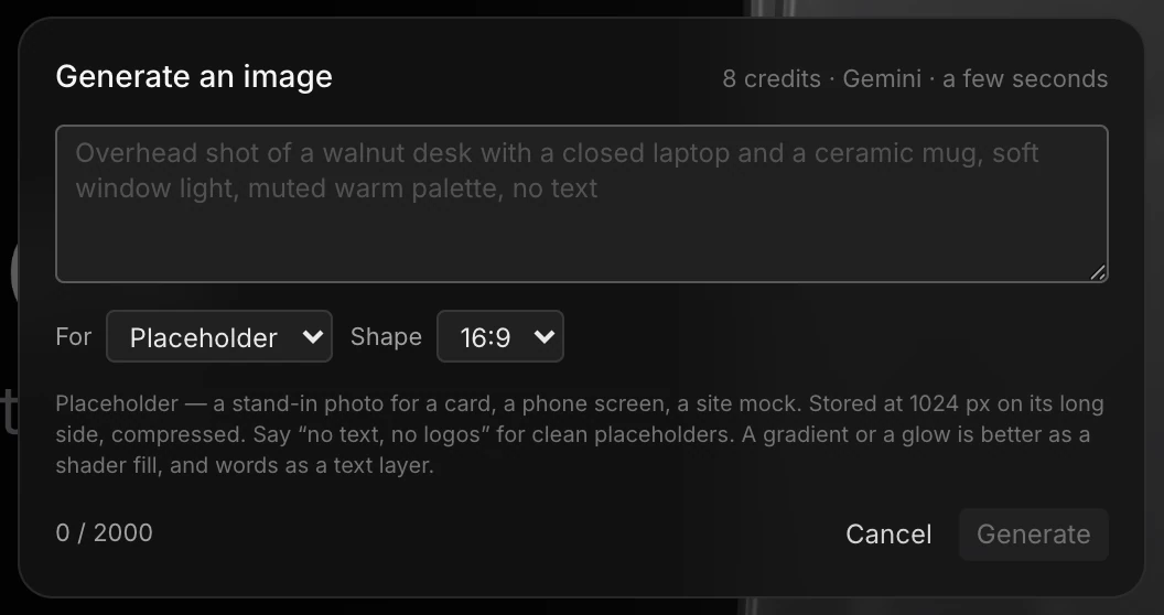 The Generate an image dialog: a description box, For set to Placeholder, Shape set to 16:9, and the cost at the top