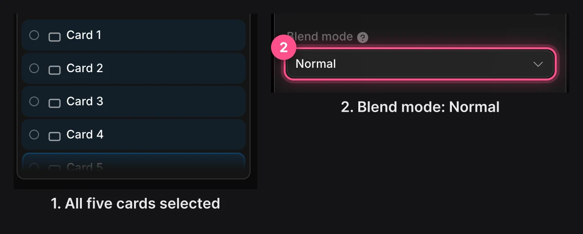 Left: Card 1 to Card 5 selected in the Layers panel. Right: Blend mode set to Normal