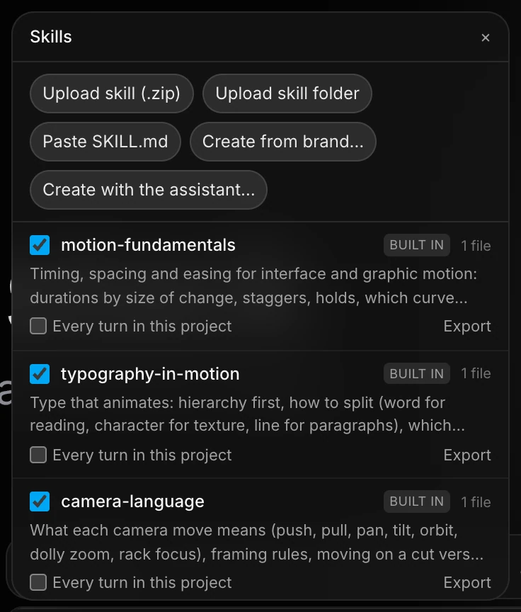 The Skills panel, with upload and create buttons above a list of built-in skills