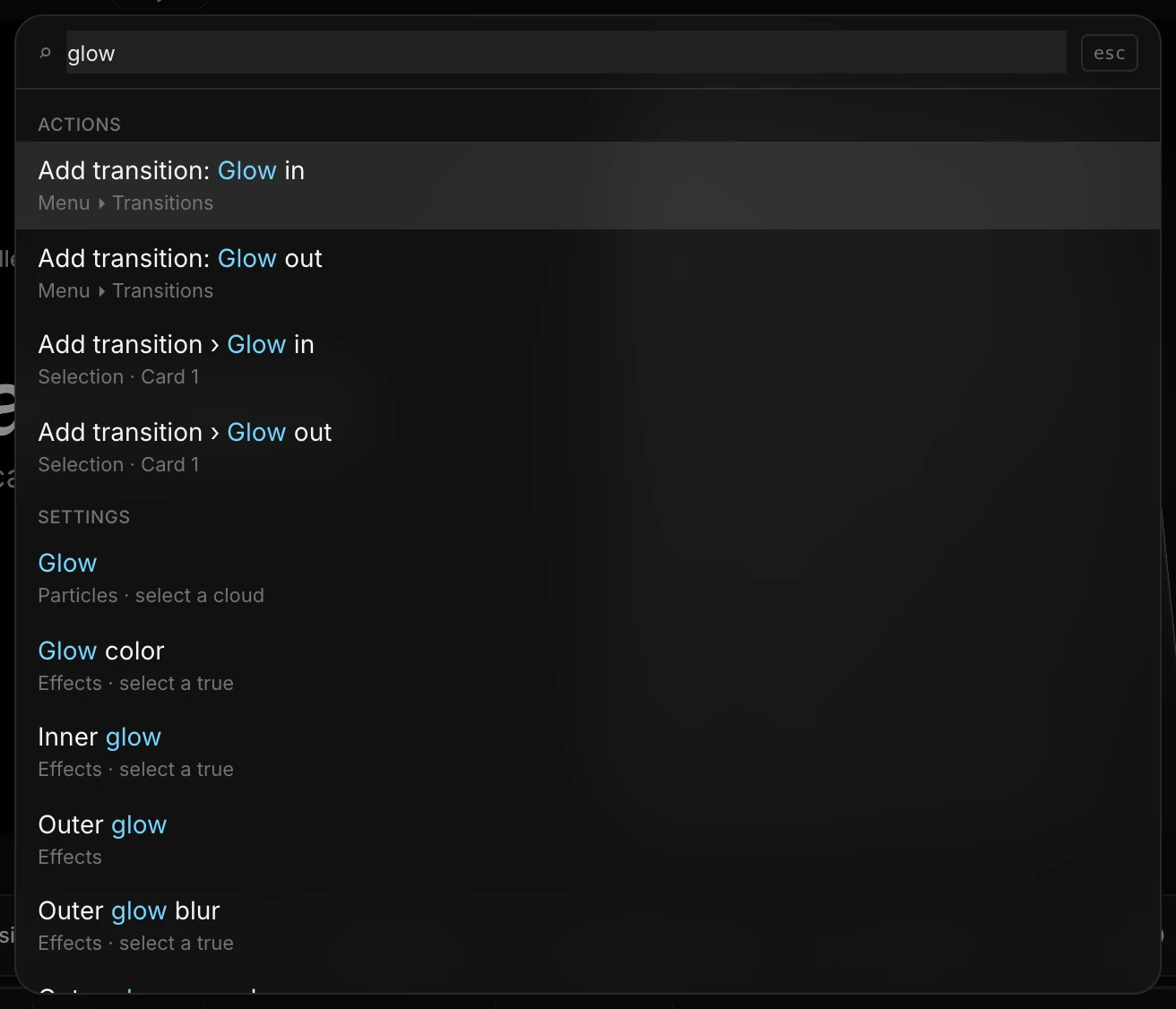 Search open with "glow" typed: actions such as Add transition Glow in, then settings such as Outer glow
