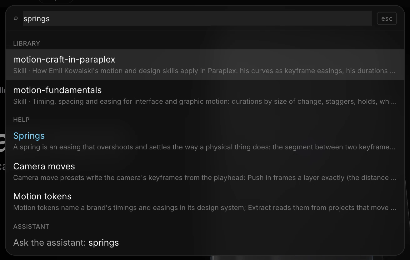 Search for "springs": two skills, two help results and Ask the assistant: springs