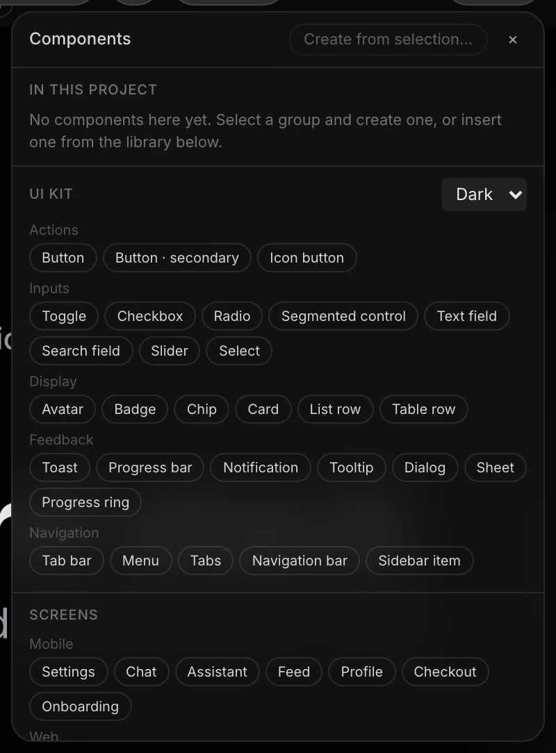 The Components drawer, with the UI kit's buttons, inputs, display, feedback and navigation pieces