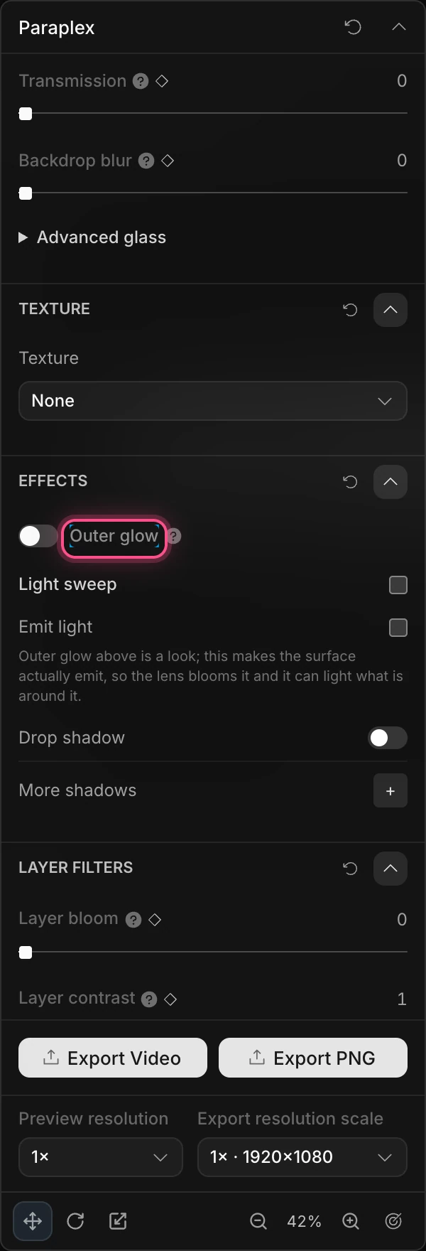 The properties panel scrolled to the Effects section, with Outer glow highlighted