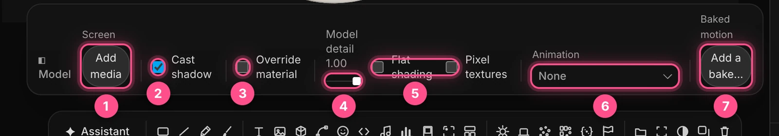 The Model panel: Screen, Cast shadow, Override material, Model detail, Flat shading and Pixel textures, Animation, and Baked motion, numbered