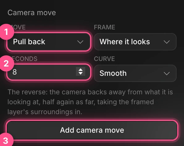 The Camera move block with Move set to Pull back, Seconds set to 8, and the Add camera move button, numbered