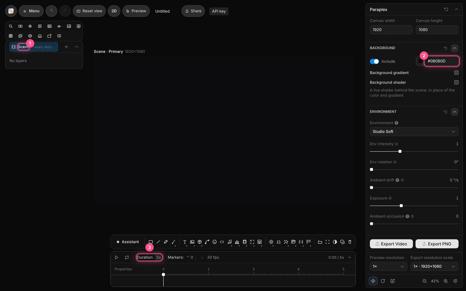 The editor with Scene selected, the Background hex code set to #0B0B0D, and Duration set to 5 seconds, numbered