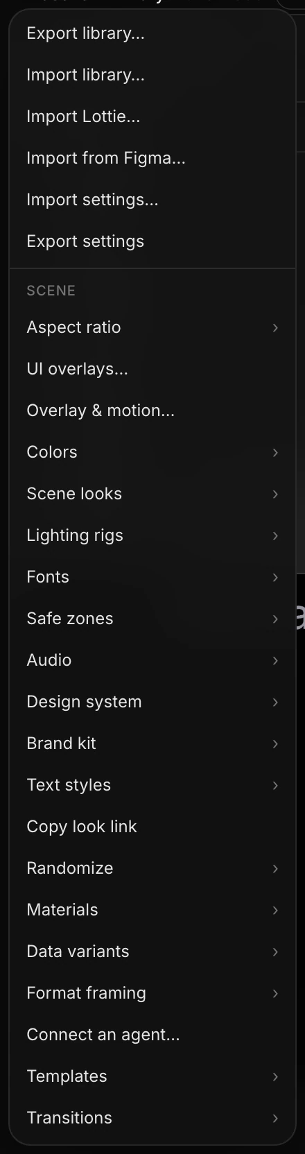 The bottom of the Menu: the Scene section, from Aspect ratio to Transitions
