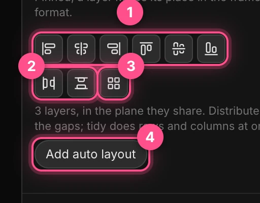 The Align buttons: six aligns, two distributes, Tidy up and Add auto layout, numbered