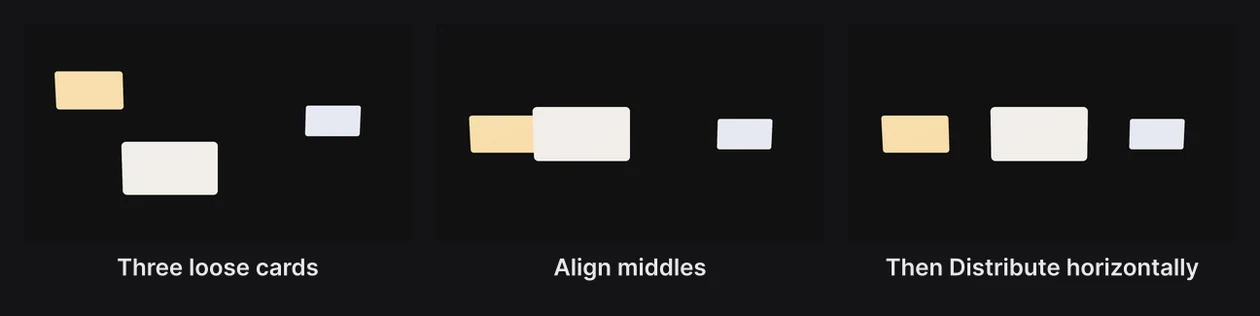 Three loose cards; Align middles lines them up across their middles; Distribute horizontally then evens the gaps between them