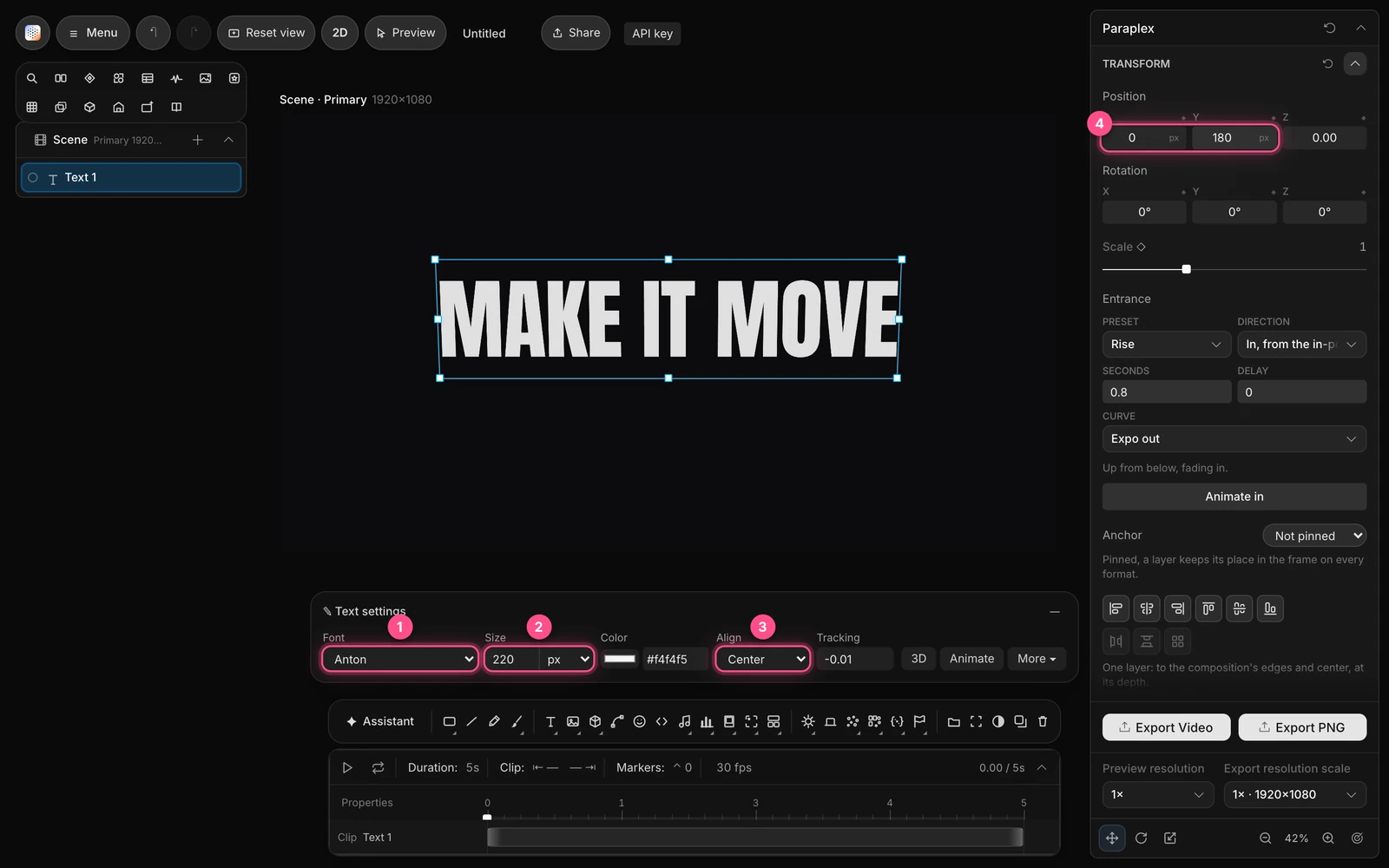 The title MAKE IT MOVE on the frame, with Font, Size, Align and Position numbered