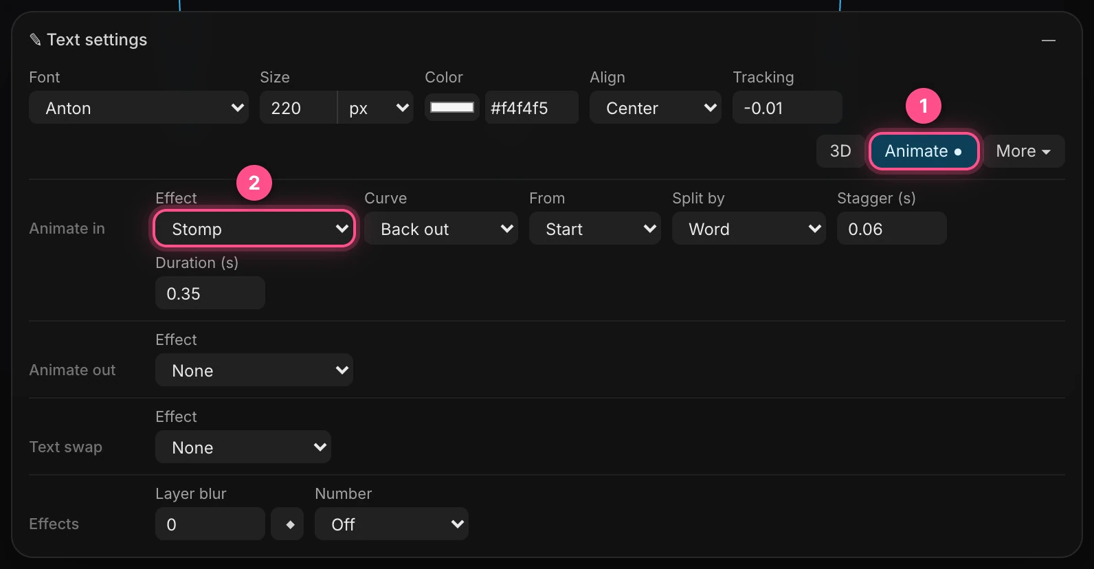 Text settings with Animate open and Effect set to Stomp, numbered