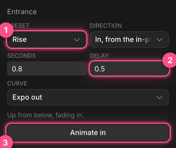 The Entrance block with Preset set to Rise, Delay set to 0.5, and the Animate in button, numbered