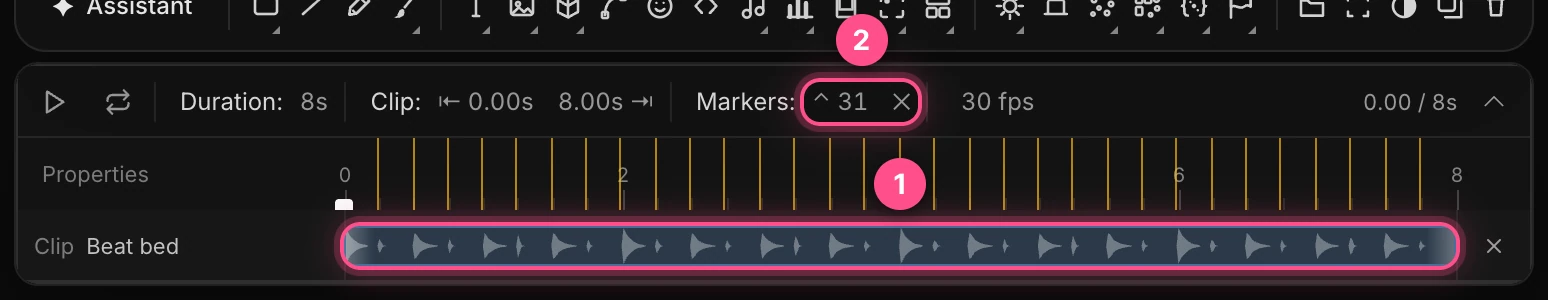 The timeline with the beat bed's waveform numbered, amber markers on each detected hit, and the Markers count with its add and clear buttons numbered