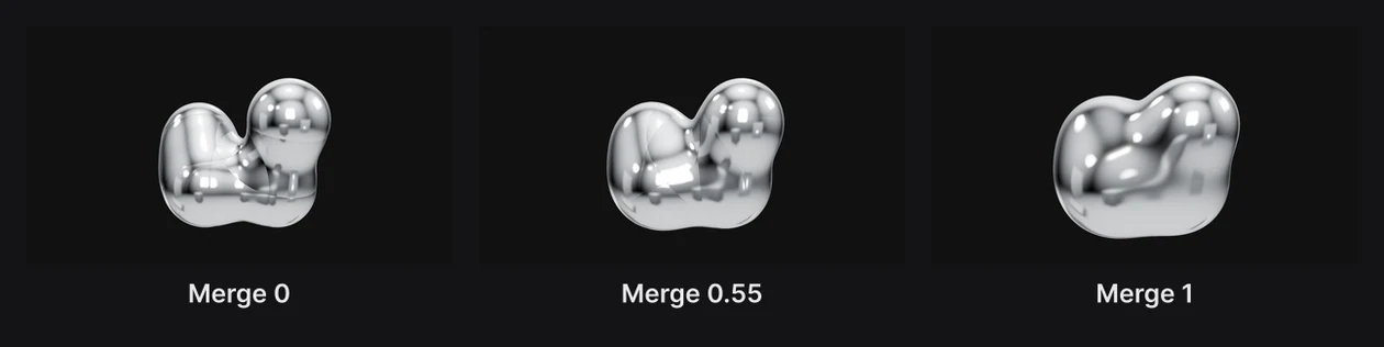 The same metaball at Merge 0, 0.55 and 1: separate spheres pressed together, then one smooth mass