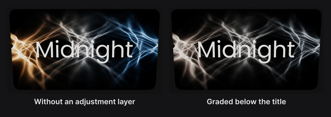 A picture with the title Midnight over it, then the same with the picture graded cooler and less saturated while the title stays white
