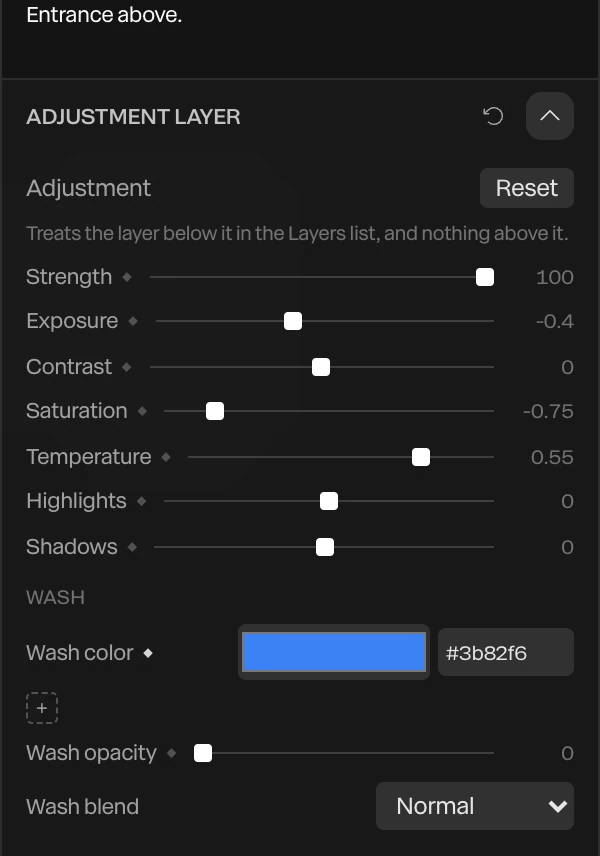 The Adjustment Layer section: Strength, the six grades and the Wash
