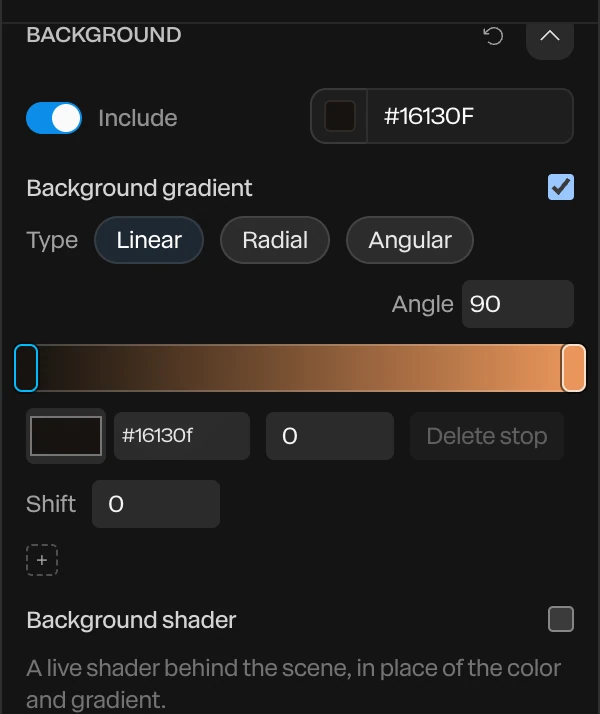 The Background section: Include on with its color, Background gradient on with Type, Angle, the stops and Shift, then Background shader